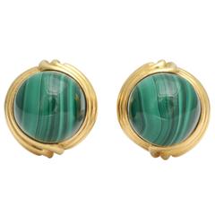 1970s Malachite Textured Gold Ridged Clip-On Earclips