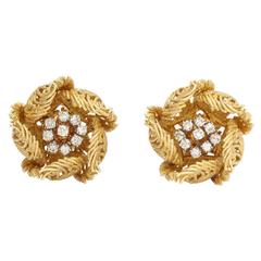 1950s French Diamond Textured Gold Flower Earclips