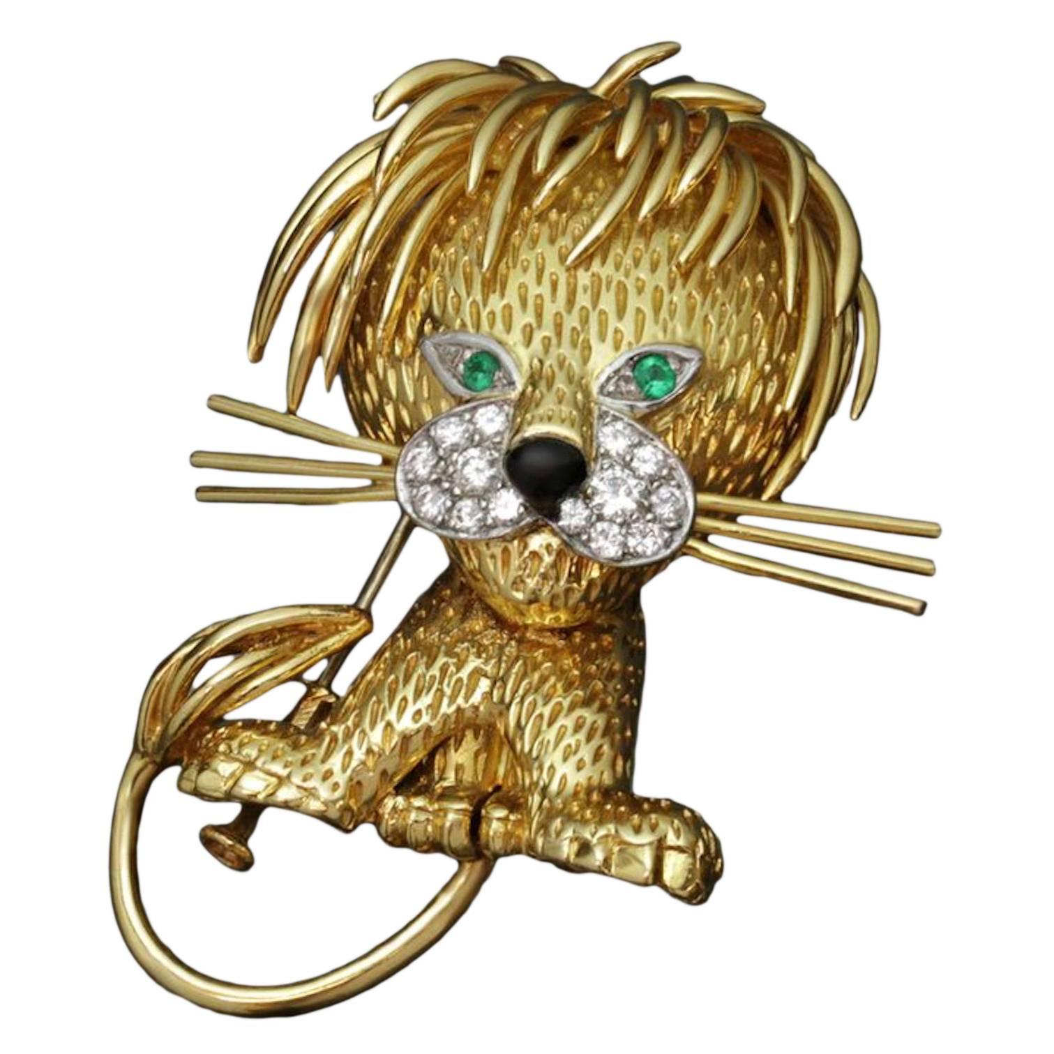 1960s Van Cleef and Arpels Diamond Gold and Platinum Lion Brooch