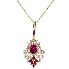 Pink Tourmaline, Ruby and Diamond Pendant Necklace