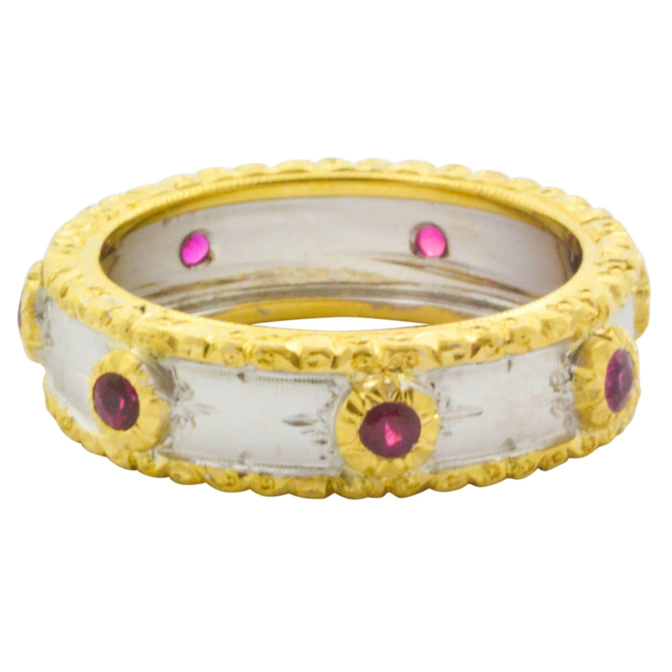 Italian Designed Ruby Two Color Gold Bezel Set Ring, Hand Engraved Finish