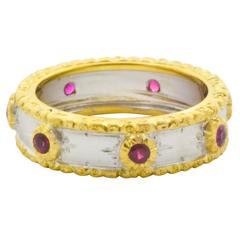 Italian Designed Ruby Two Color Gold Bezel Set Ring, Hand Engraved Finish