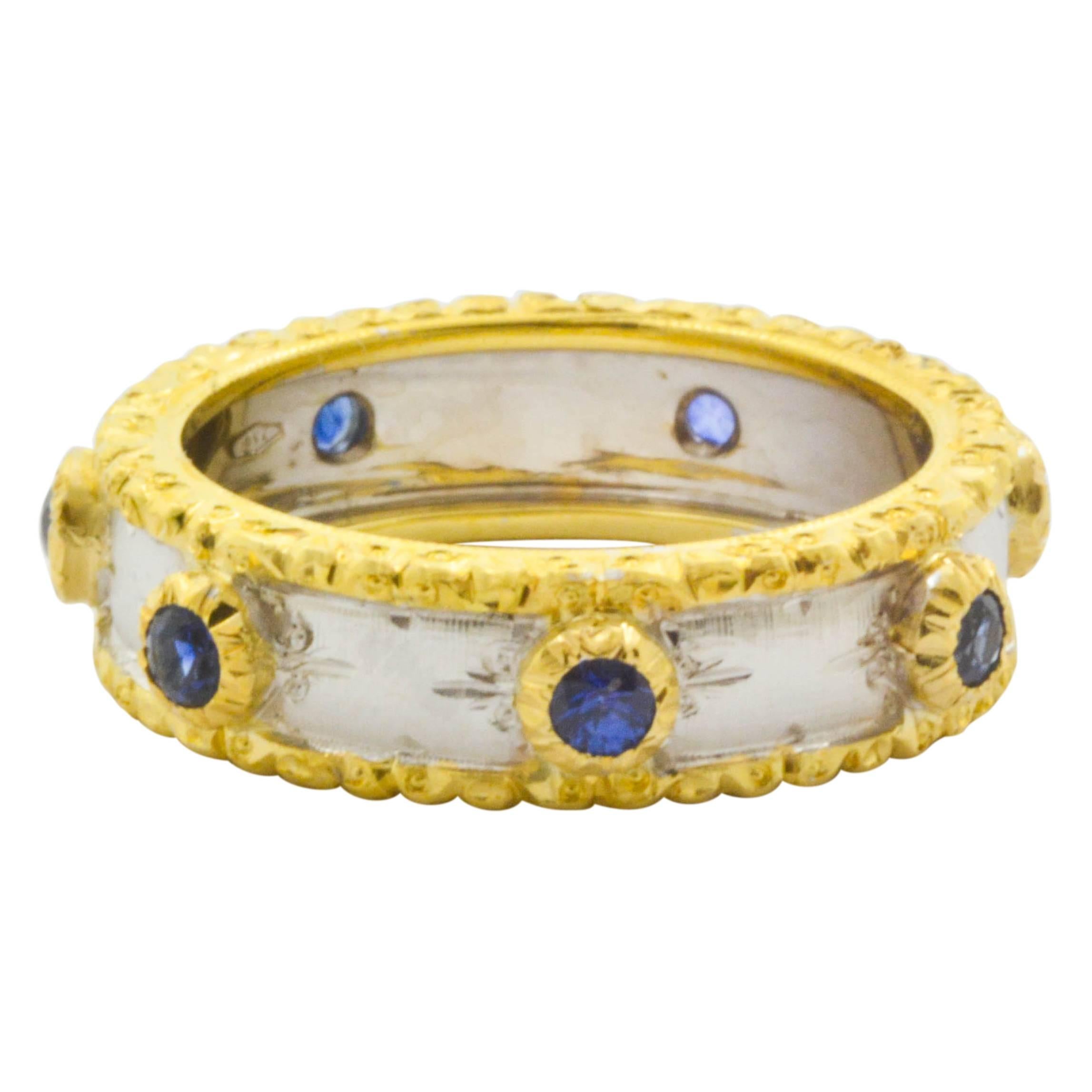 Italian Maini Gioielli Sapphire 18 Karat Gold Hand Engraved Ring