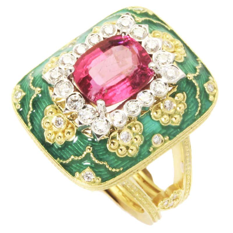 Stambolian Enamel Bubble Gum Pink Tourmaline Diamond Gold Ring at ...