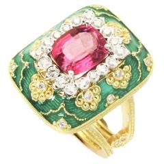Stambolian Enamel Bubble Gum Pink Tourmaline Diamond Gold Ring