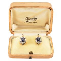 Antique Russian Sapphire Diamond Gold Cluster Earrings