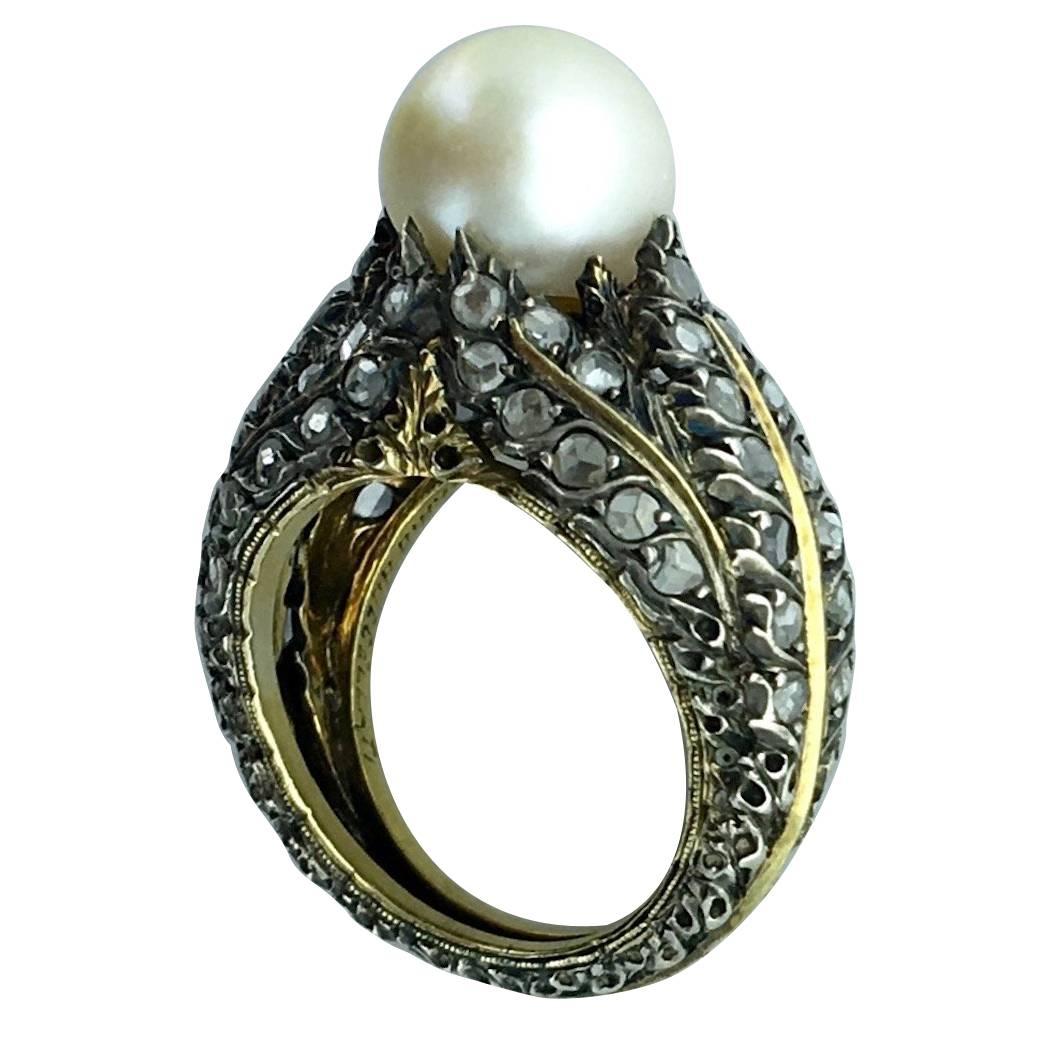 1920s Buccellati Pearl Diamond Silver Gold Ring