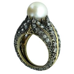 Antique 1920s Buccellati Pearl Diamond Silver Gold Ring