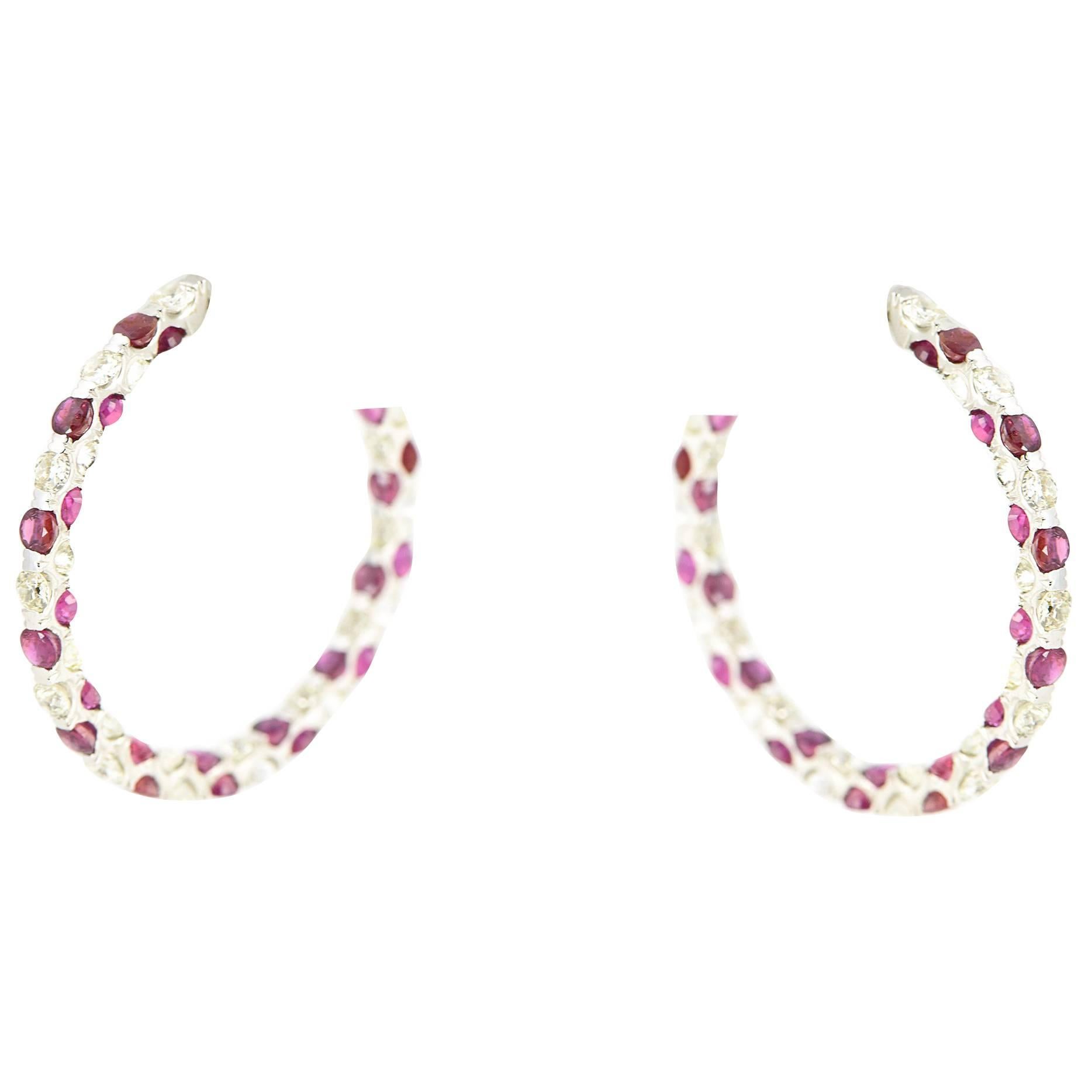 Large Ruby Diamond White Gold Hoops For Sale