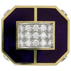 Large-Scale Blue Enamel Diamond Gold Platinum Ring