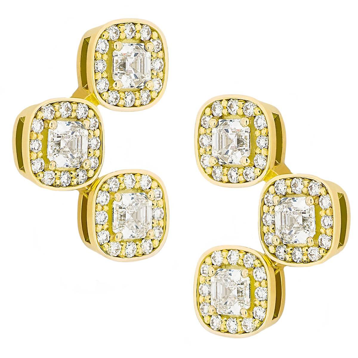 18 Karat Yellow Gold Pave Set White Diamond Asscher Drop Stud Earrings  For Sale