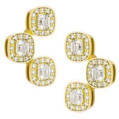 18 Karat Yellow Gold Pave Set White Diamond Asscher Drop Stud Earrings 
