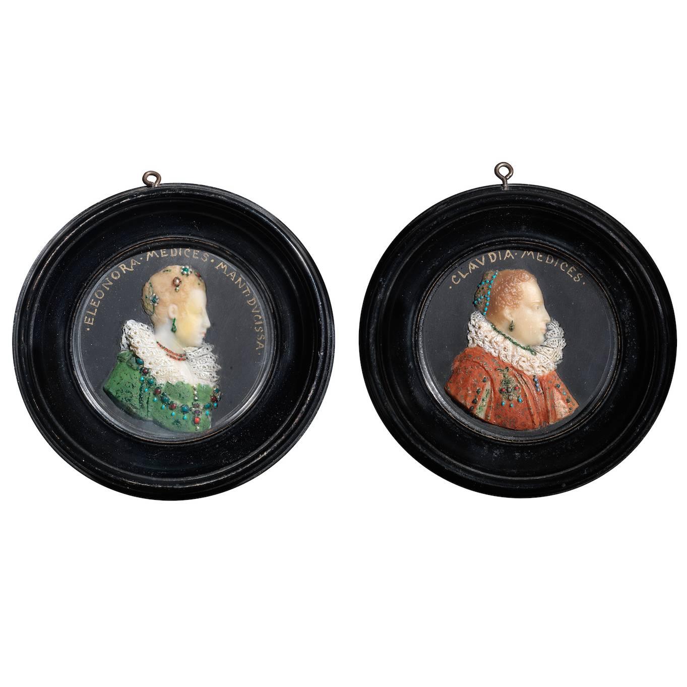 Pair of Polychrome Habillé Wax Profile Relief of Medici Ladies