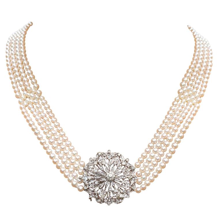 Pearl Diamond Gold Necklace at 1stDibs