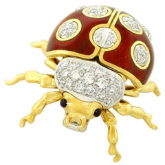 Retro Tiffany & Co. Enameled and Diamond Set Gold Lady Bug Brooch
