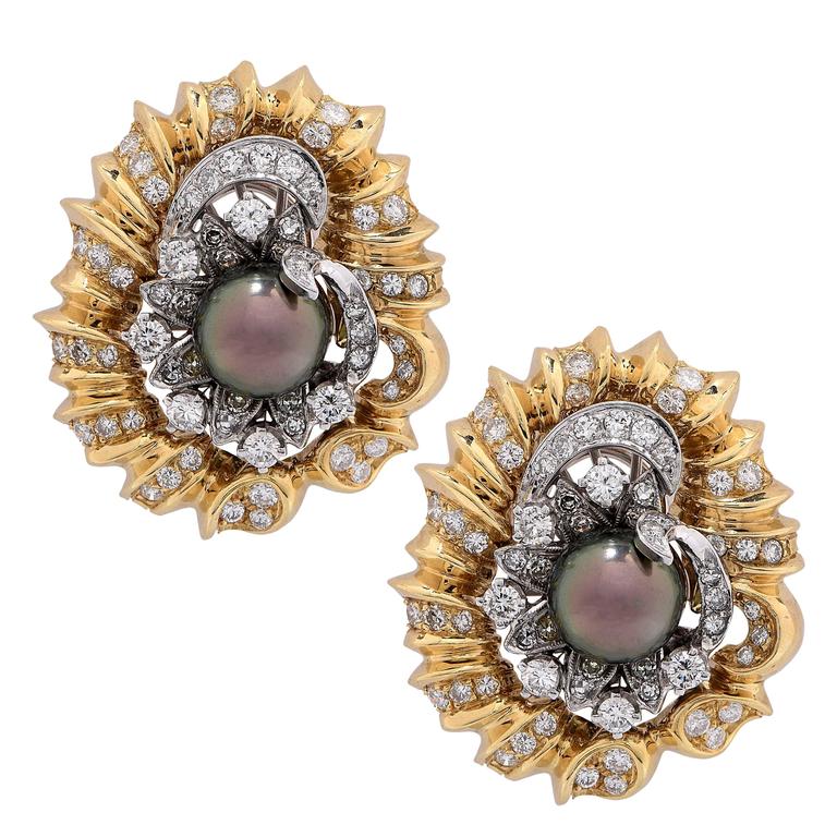 Clips d'oreilles en or avec perles de Tahiti de 9,8 mm et diamants de 3,5 carats