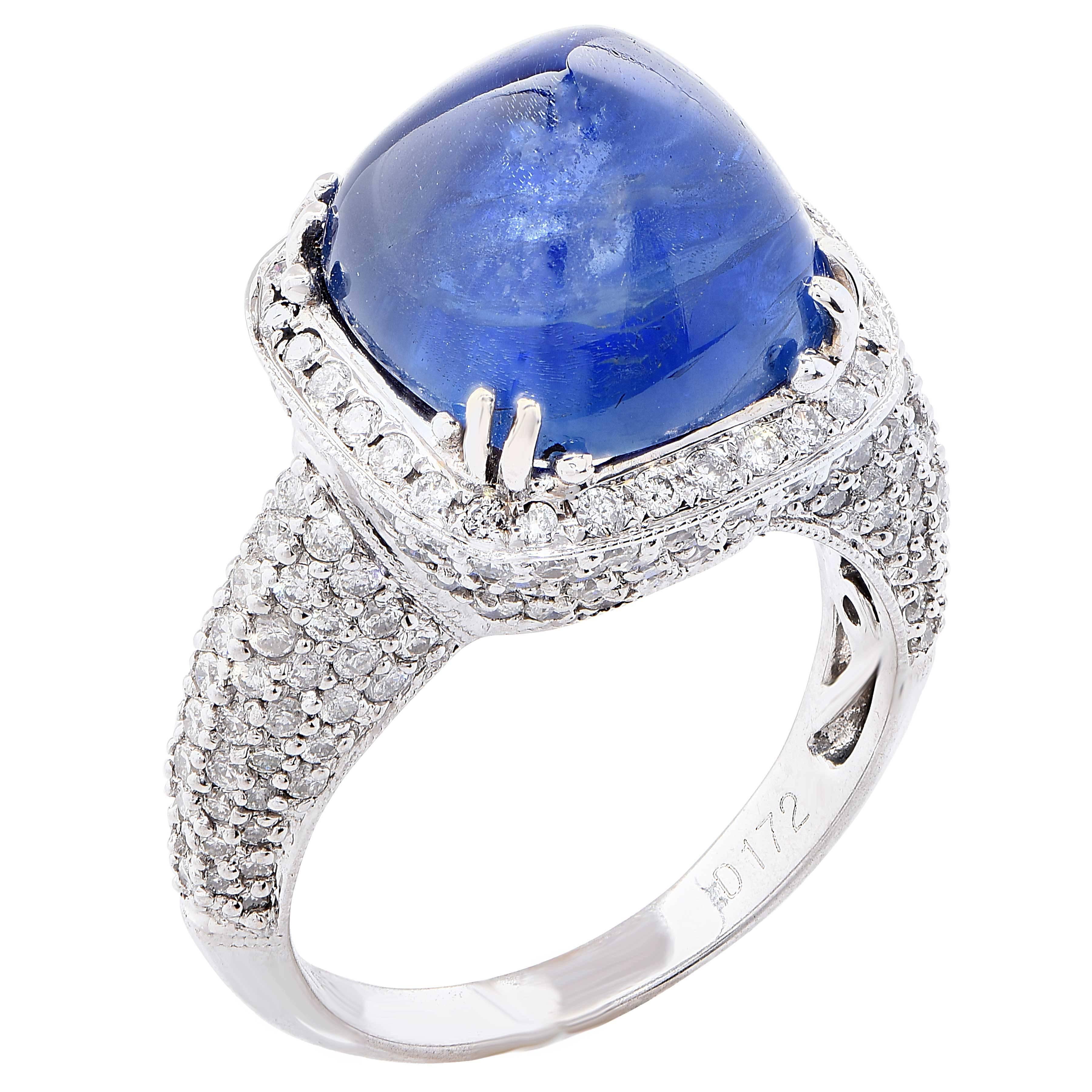 10.48 Carat Natural Sugarloaf Sapphire and Diamond White Gold Ring For Sale