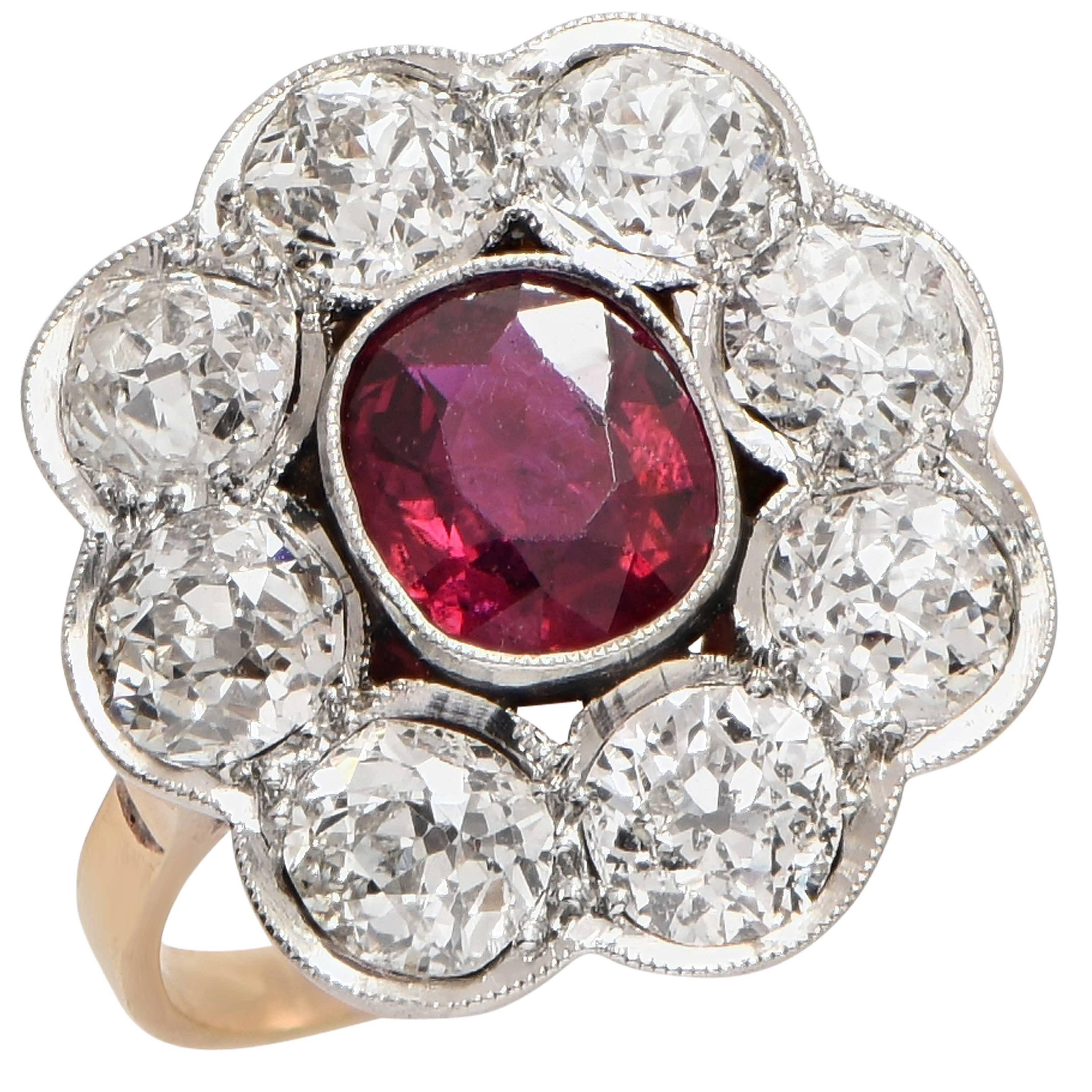 Rubellite Old Mine Cut Diamond Ring