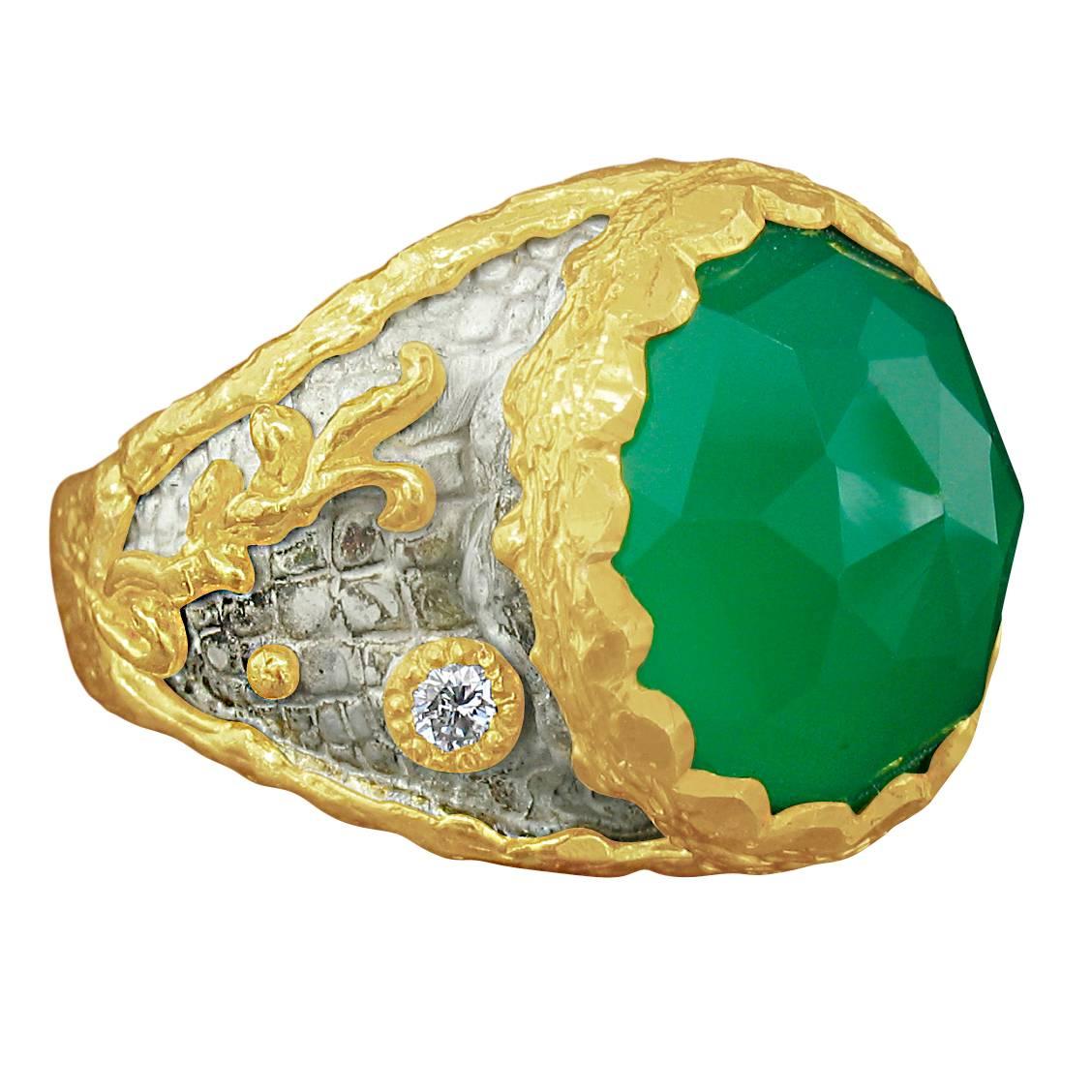 Victor Velyan Green Onyx Diamond Silver Gold Ring