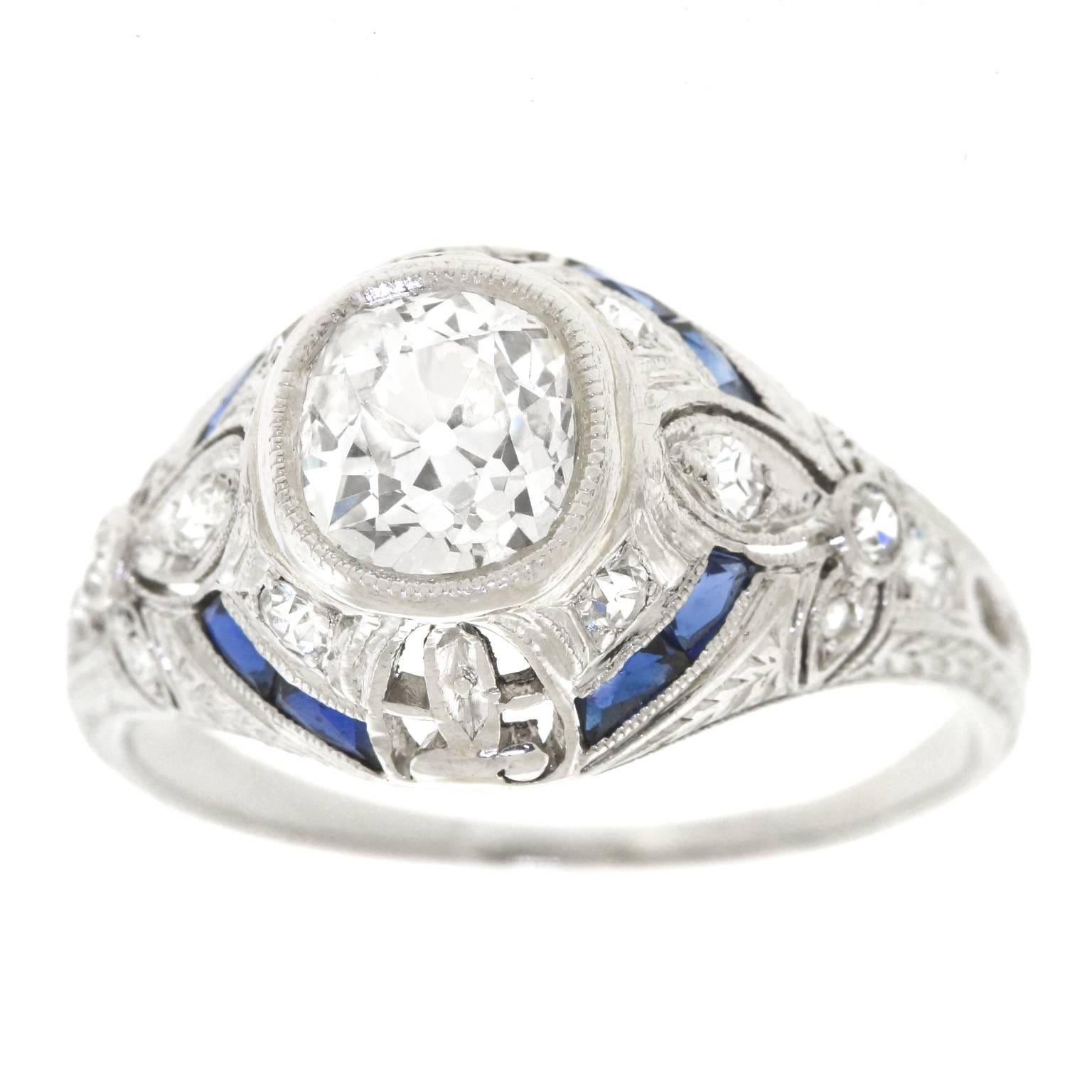Art Deco 1.07 Carat Diamond and Sapphire Set Platinum Ring