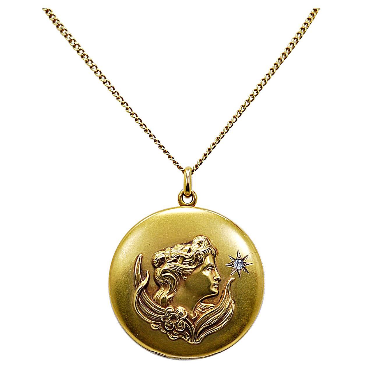 Art Nouveau .08 Carat Diamond Gold  Locket 