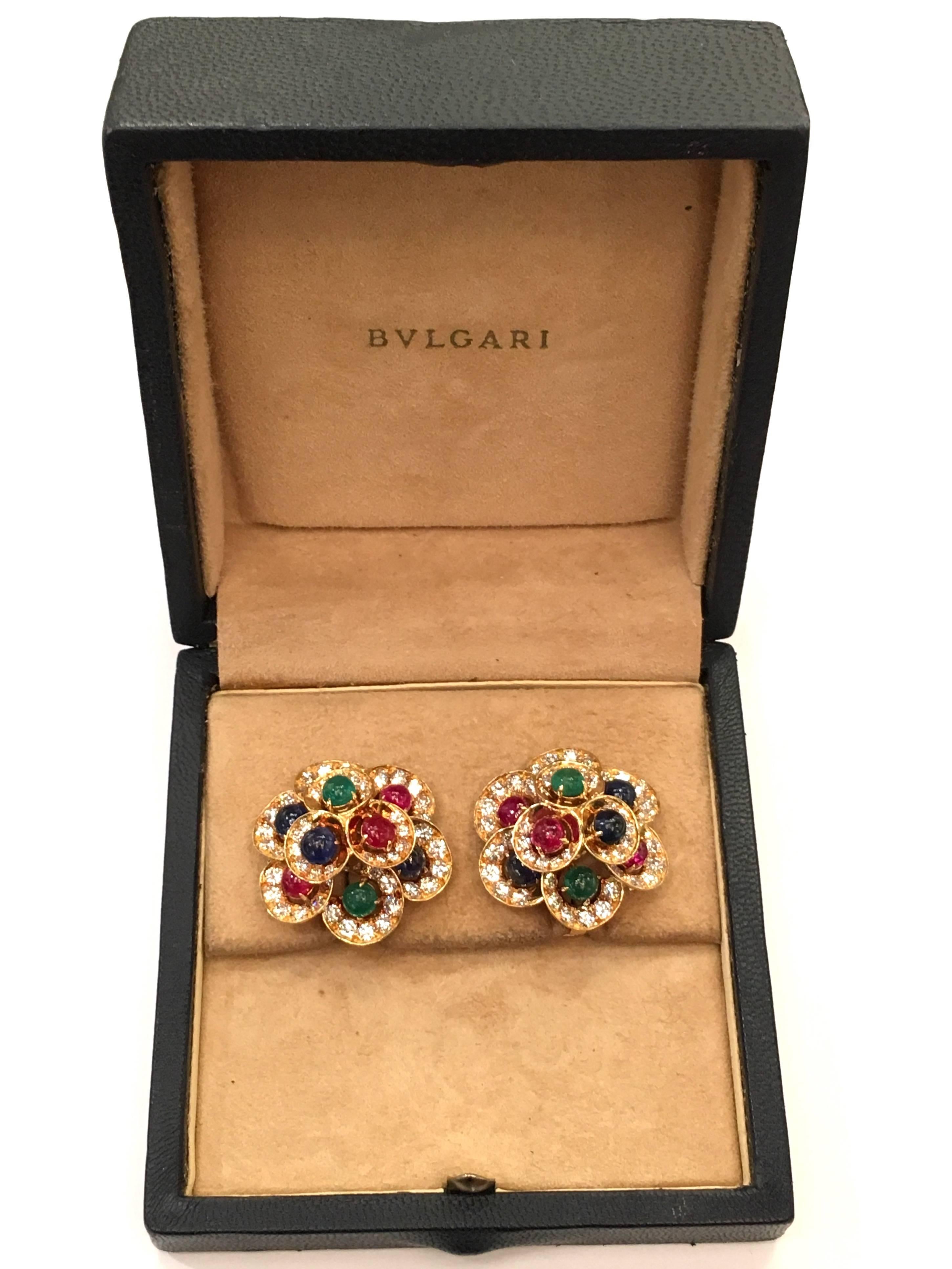  Exquisite Bulgari Diamond, Emerald, Sapphire, and Ruby Gold Ear-Clip Earrings In Excellent Condition In New York, NY