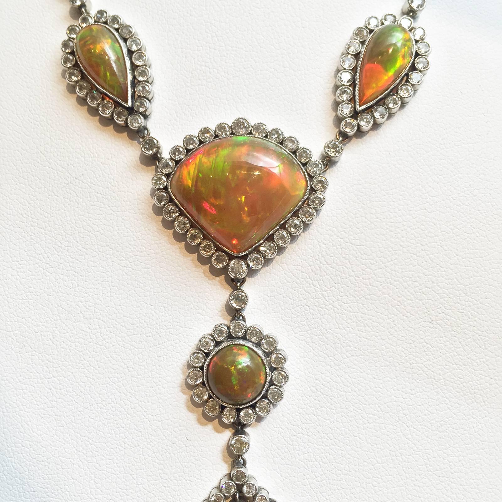 Women's Opal Circular-Cut Diamond Platinum Necklace