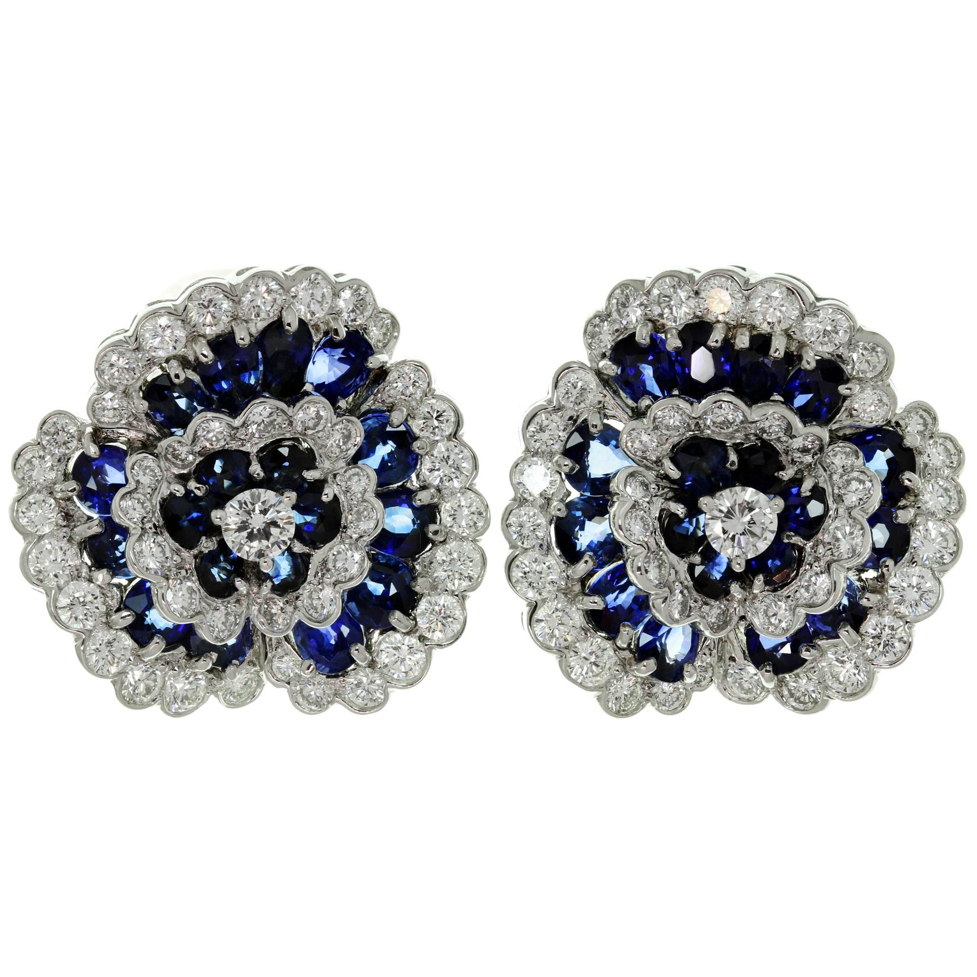 Van Cleef & Arpels Blue Sapphire Diamond Platinum Camellia Clip-on Earrings