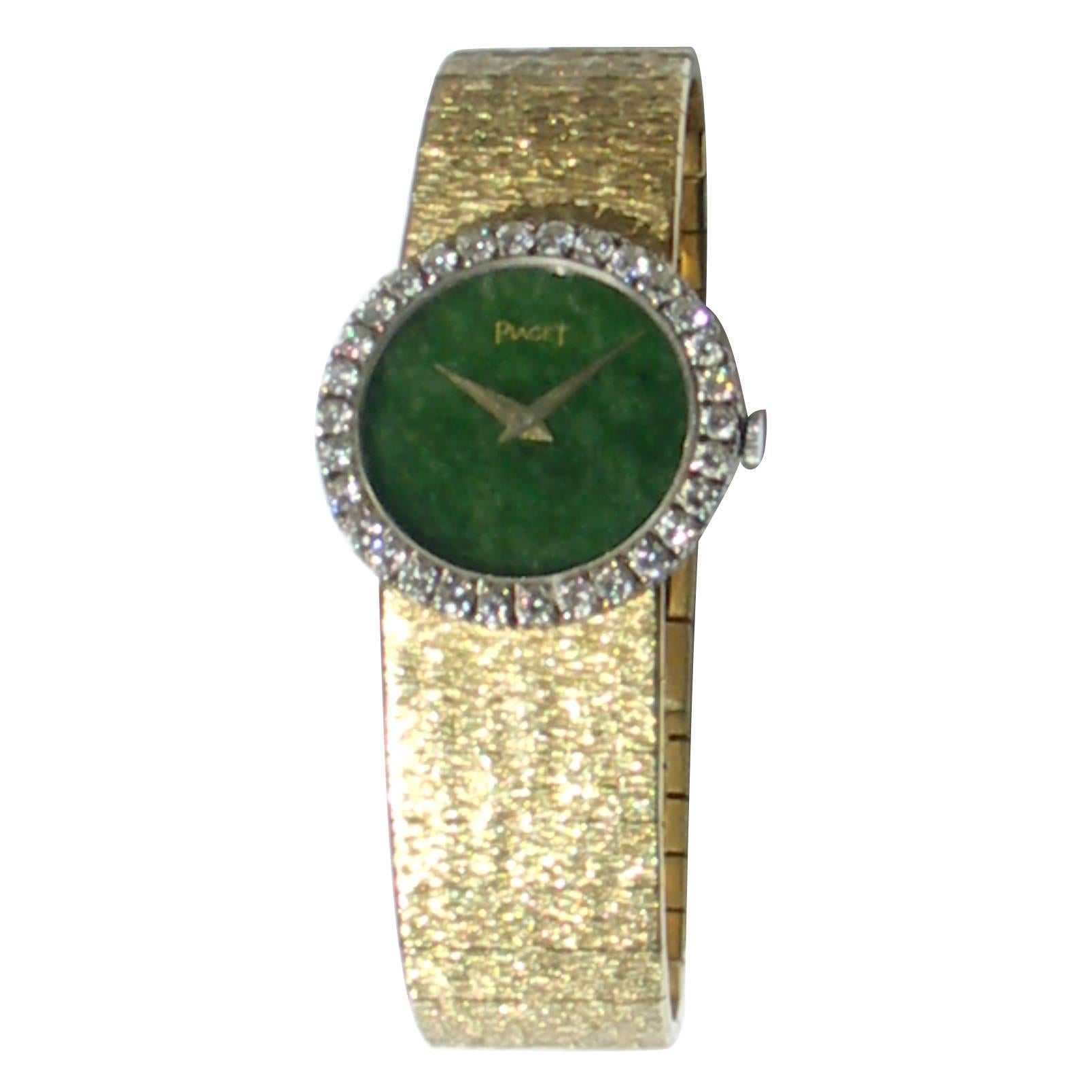 Piaget Lady's Yellow Gold Jade Dial Diamond Bezel Wristwatch