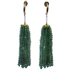 Green Onyx Bead Tassel Dangle Earrings with Gold Cup 6