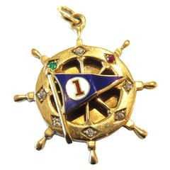 Antique Nautical Presentation Enamel Gemstone Gold Pendant Charm Dated Jan 10 1919
