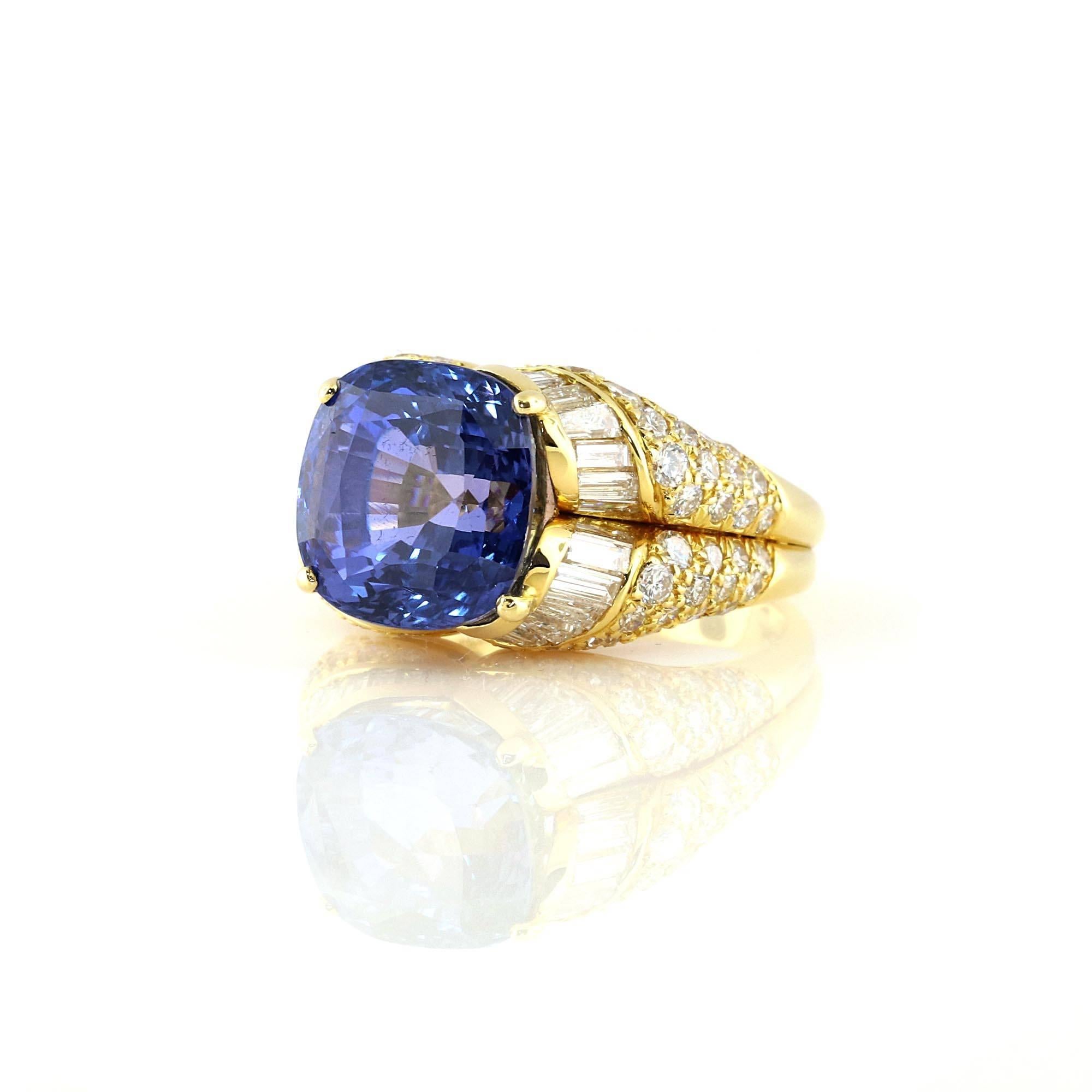 Excellent Bulgari Diamond and Sapphire ring. This center stone is a 14.13 carat Sri Lanka sapphire. The stone has a GIA certificate (can provide upon request) stating the stone has no indications of heat treatment. The stone measures 12.31 x 12.15 x