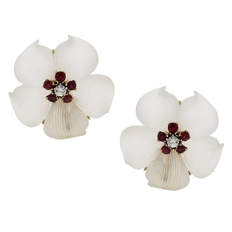 Tiffany & Co. Ruby Crystal Diamond Gold Flower Earrings