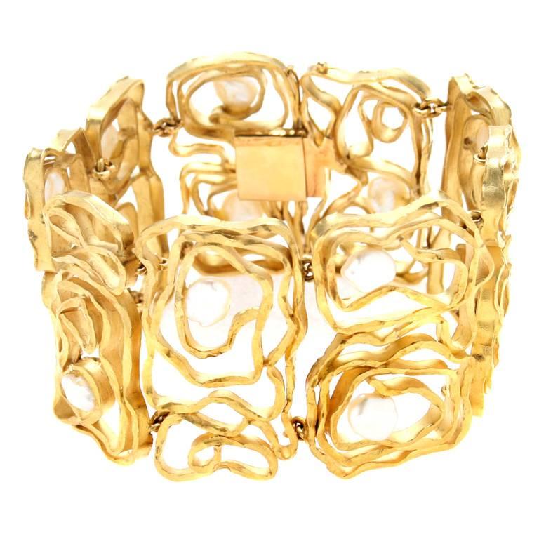 Modernist Pearl Gold Bracelet For Sale