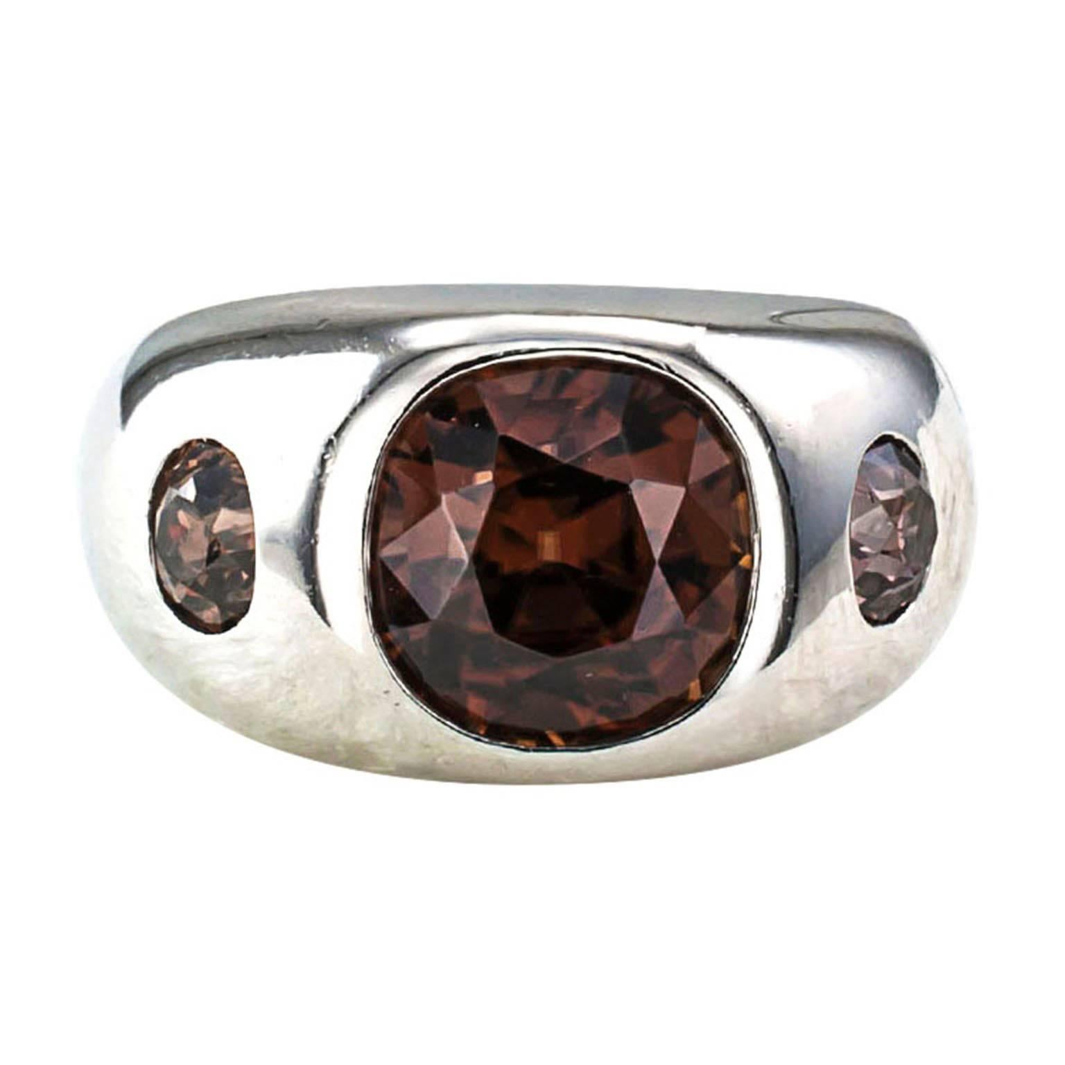 Modern Pink Brown Natural Zircon and Brown Diamond Three-Stone Ring