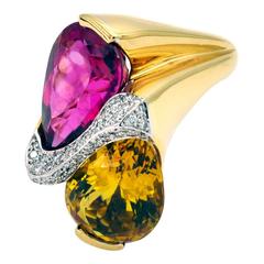 Rubelite Golden Beryl Gold Toi et Moi Cocktail Ring 5