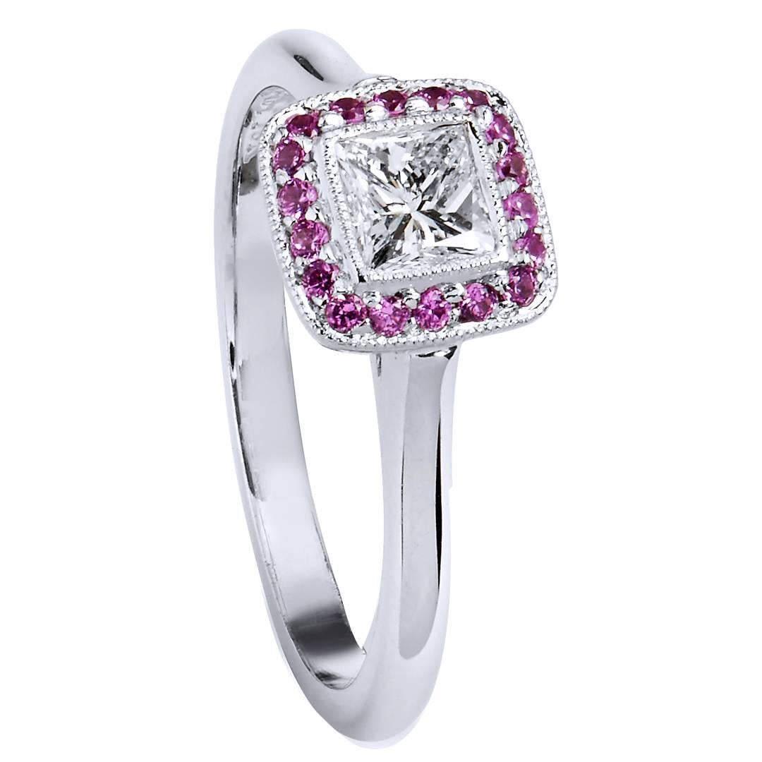 Handmade Diamond and Pink Sapphire Halo 18 karat White Gold Engagement Ring For Sale