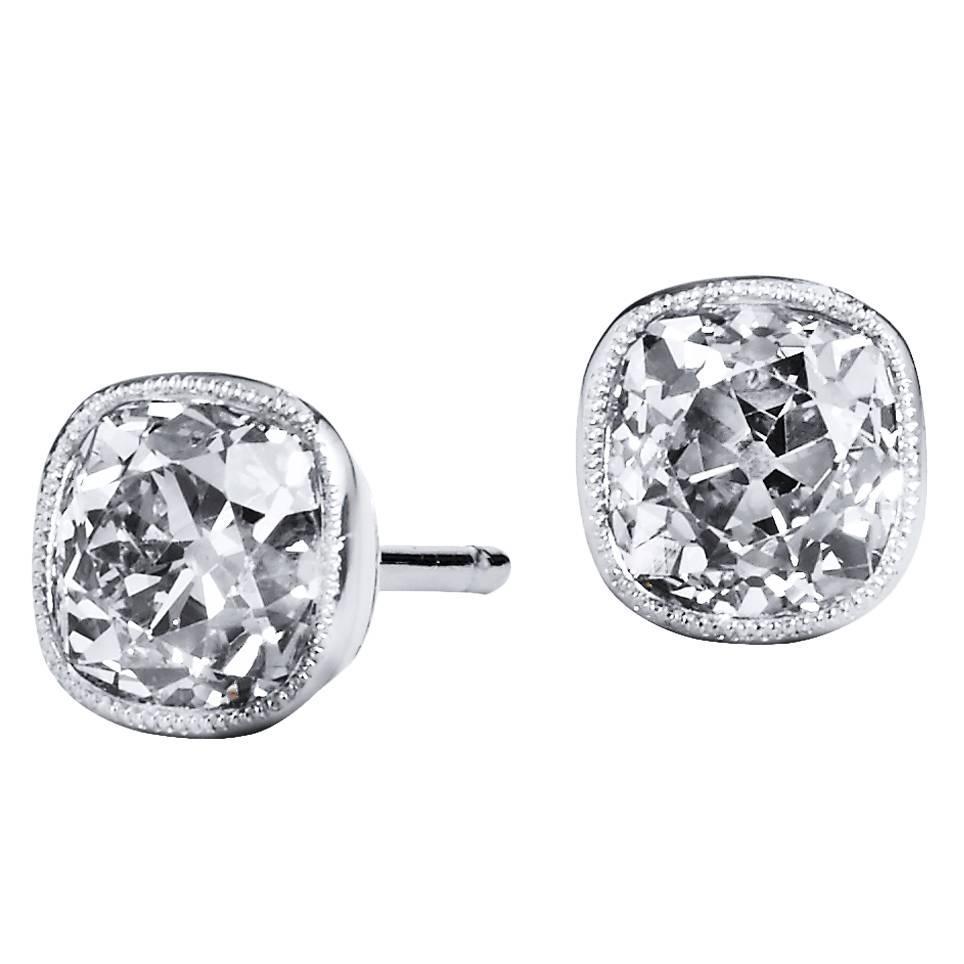 Old Mine Cushion Cut Diamond Gold Platinum Stud Earrings For Sale at