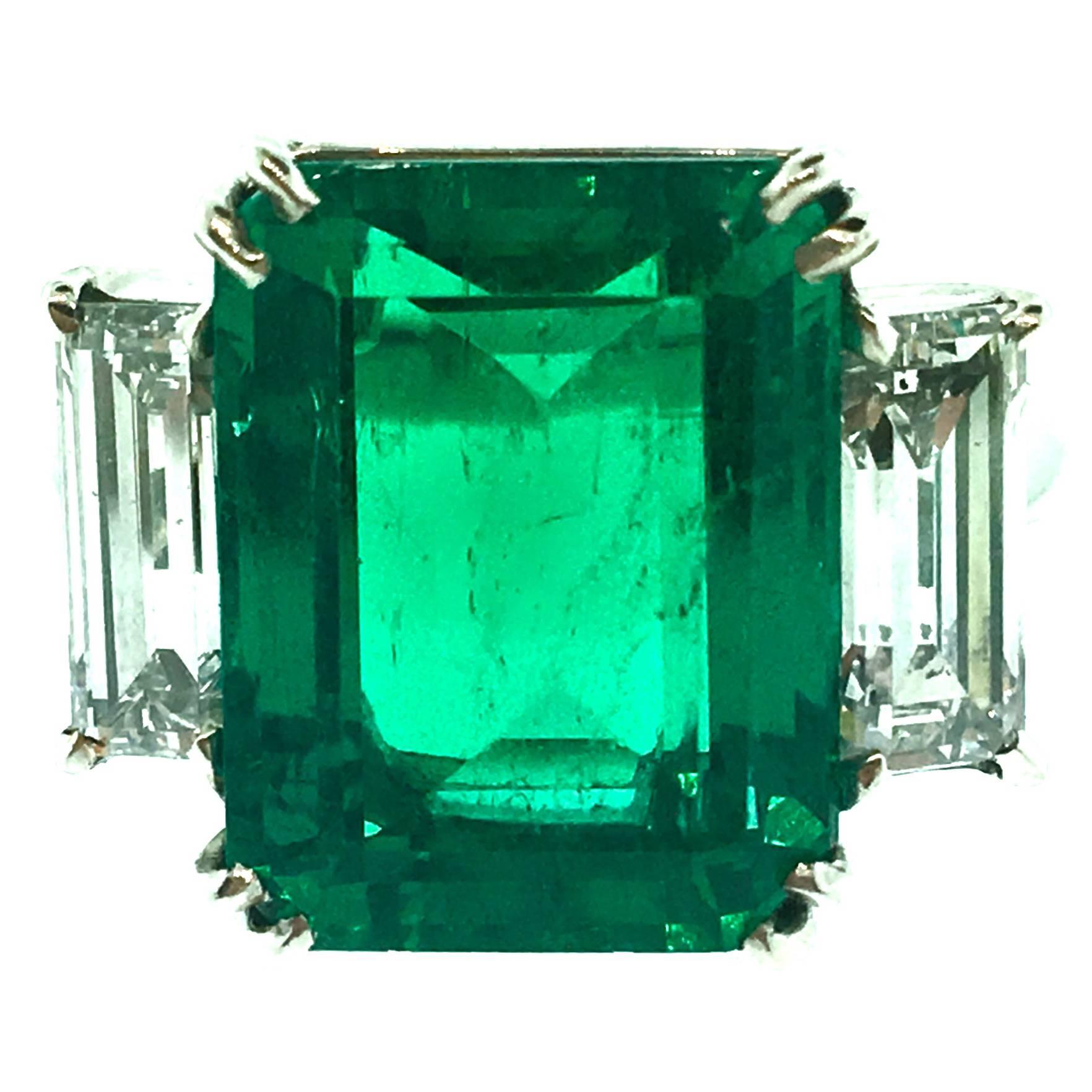 7.39 Carat GIA Cert Colombian Emerald Diamond Platinum Three Stone Ring