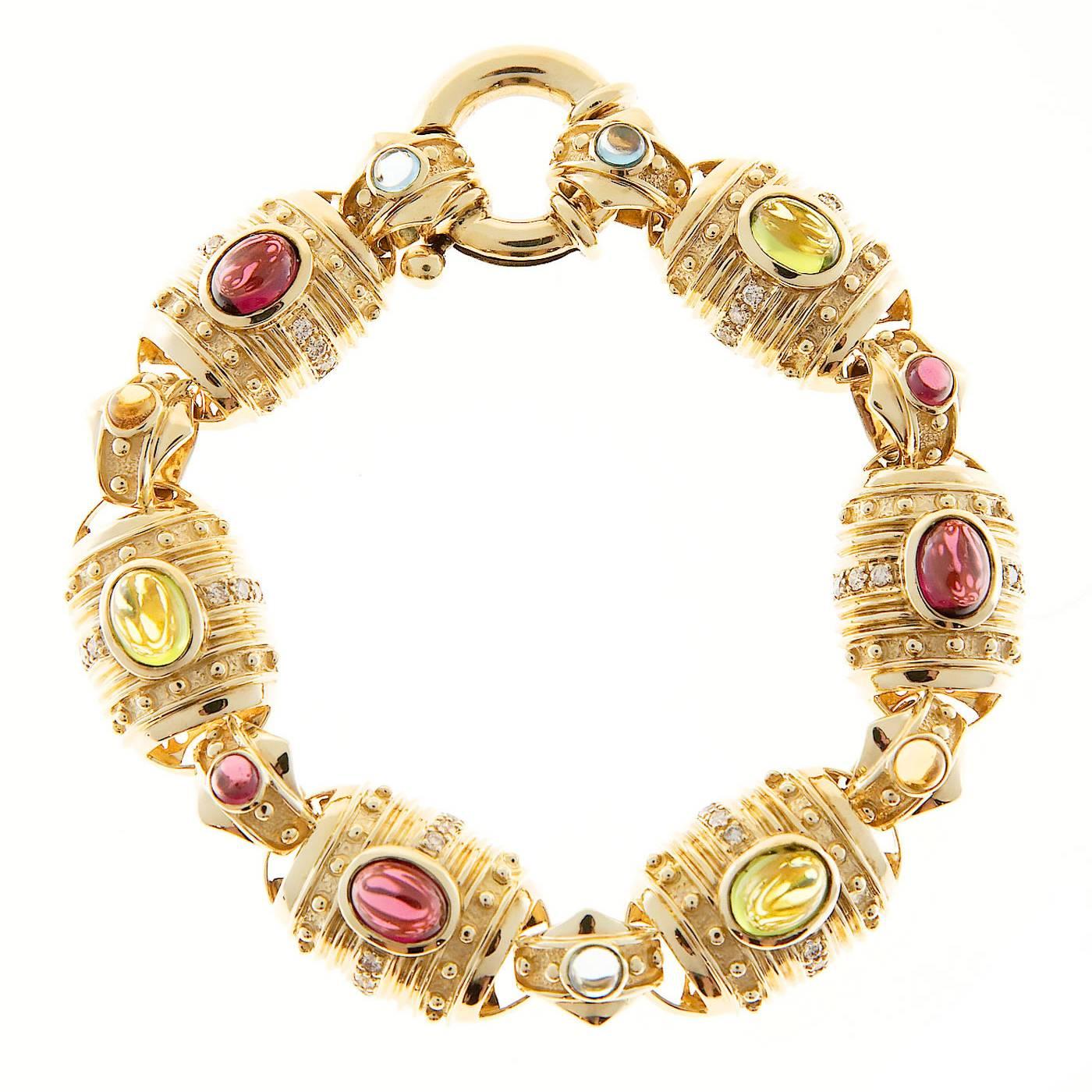 Etruscan Byzantine Garnet Peridot Citrine Topaz Diamond Gold Bracelet