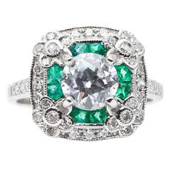 European Cut 1.02 Carat Diamond Emerald Platinum Floral Engagement Ring