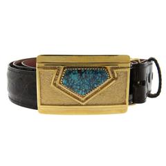Larry Golsh Native American Cherokee Turquoise Gold Buckle Leather Belt