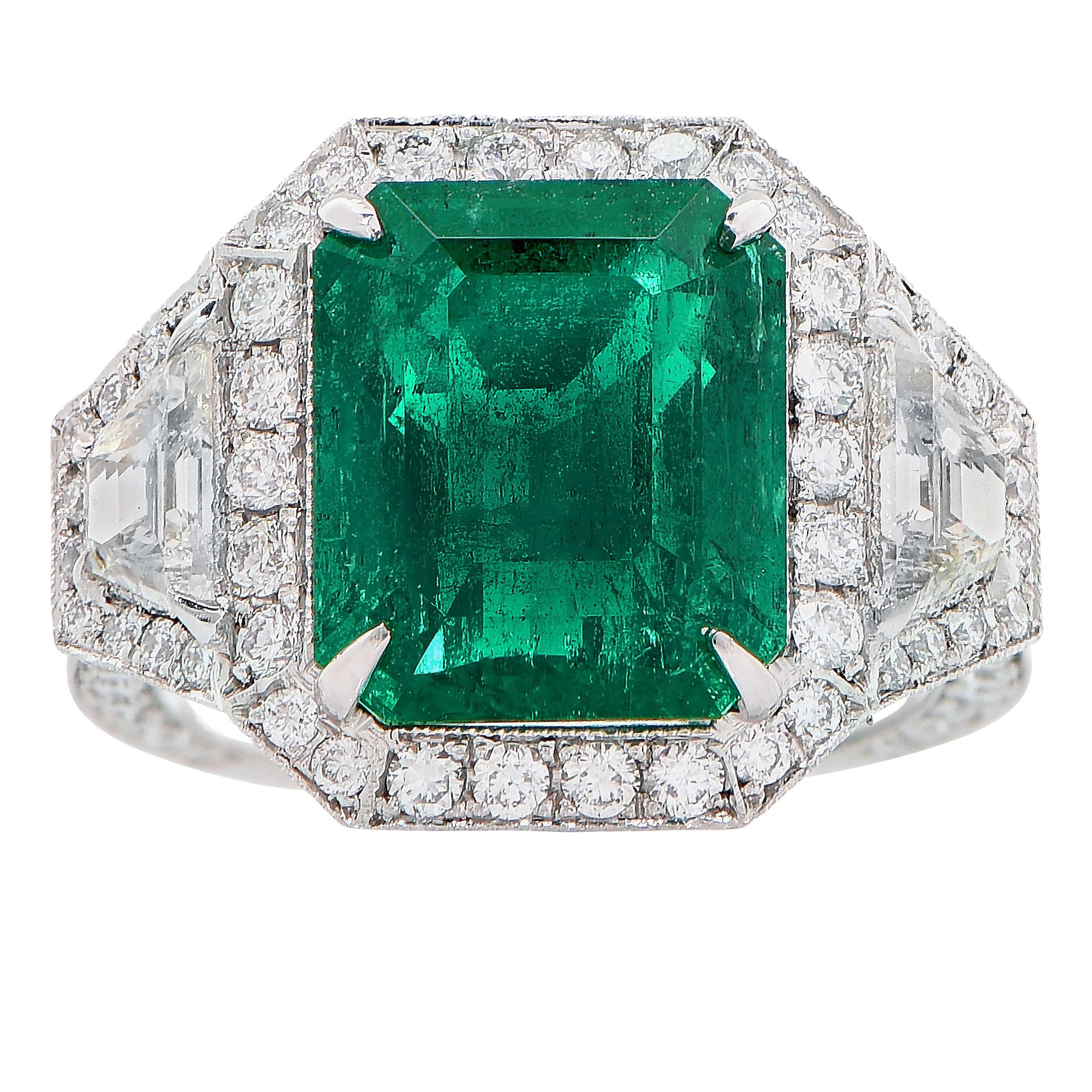 6.10 Carat AGL Graded No Oil Colombian Emerald Diamond Platinum Ring For Sale