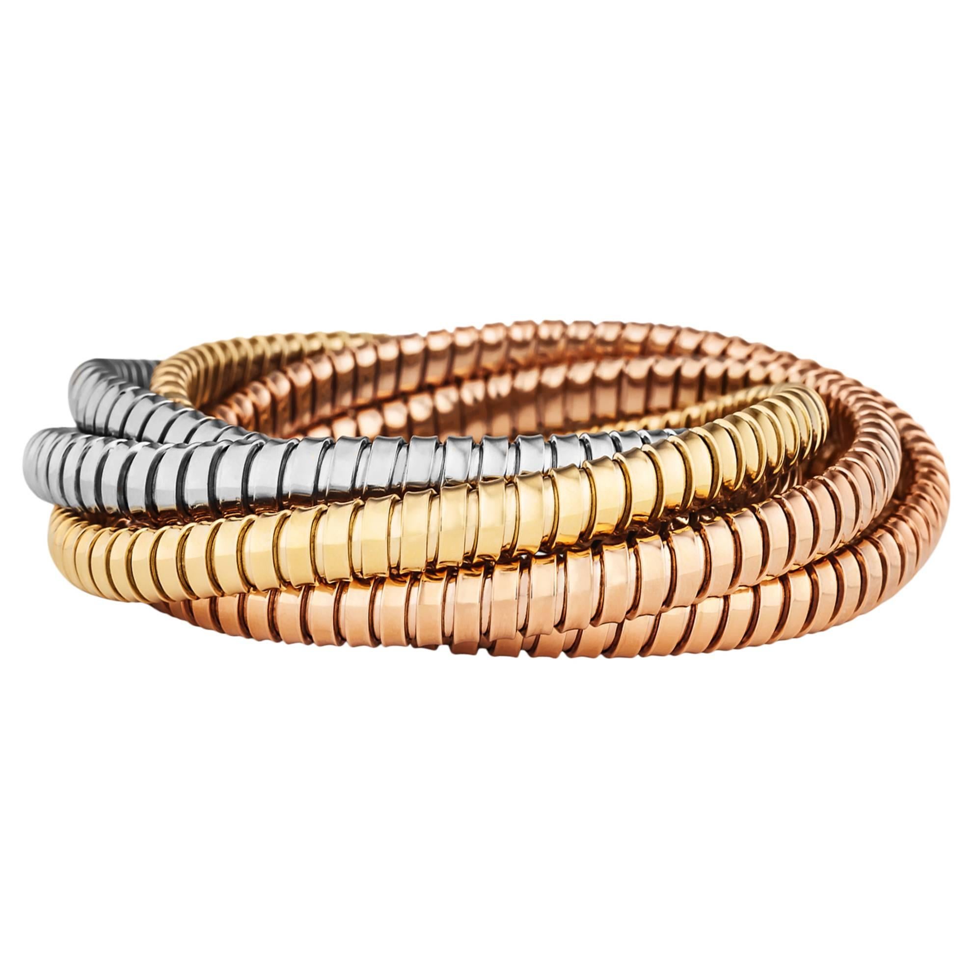 Bracelet jonc tubogas à six brins en or tricolore fait à la main en vente