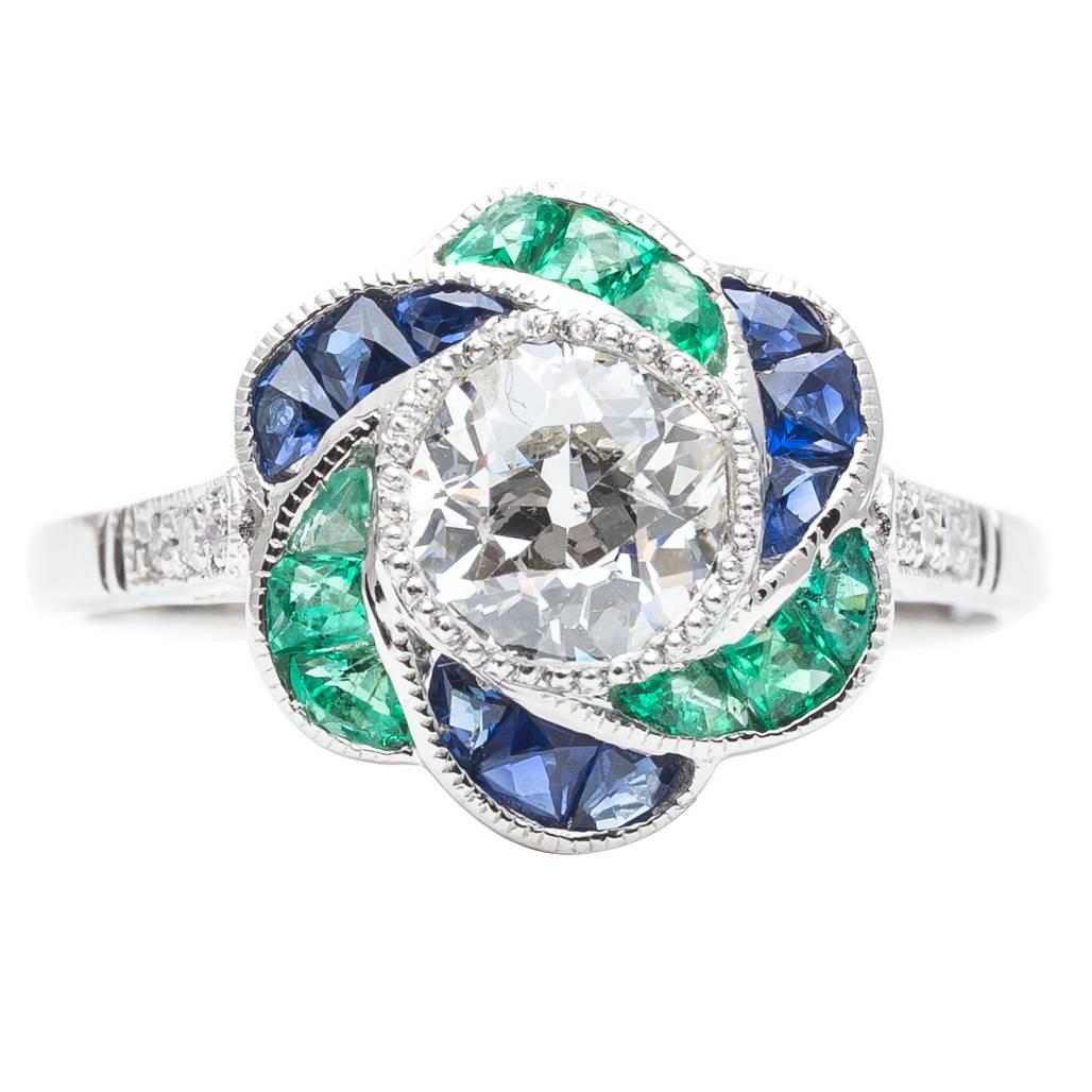 Blossoming Diamond, Emerald, and Sapphire Flower Engagement Ring For Sale