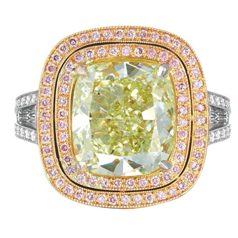 6.01 Carat GIA Certified Yellow Green Cushion Cut Diamond Two Color Gold Ring