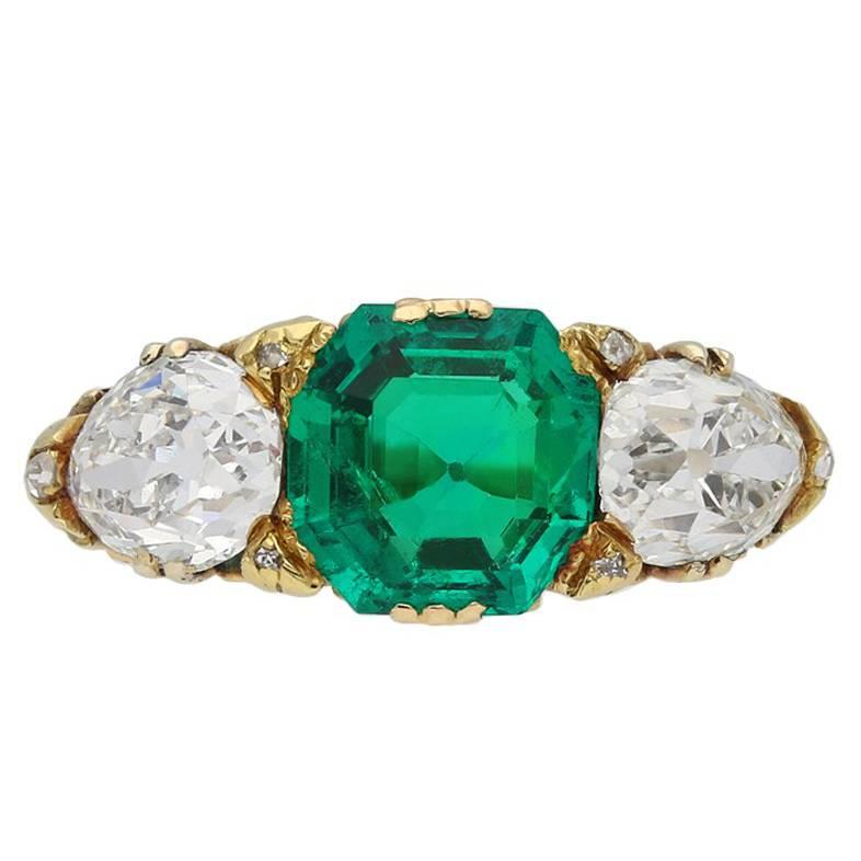 Antique Natural Unenhanced emerald & diamond carved ring, English, circa 1890. For Sale