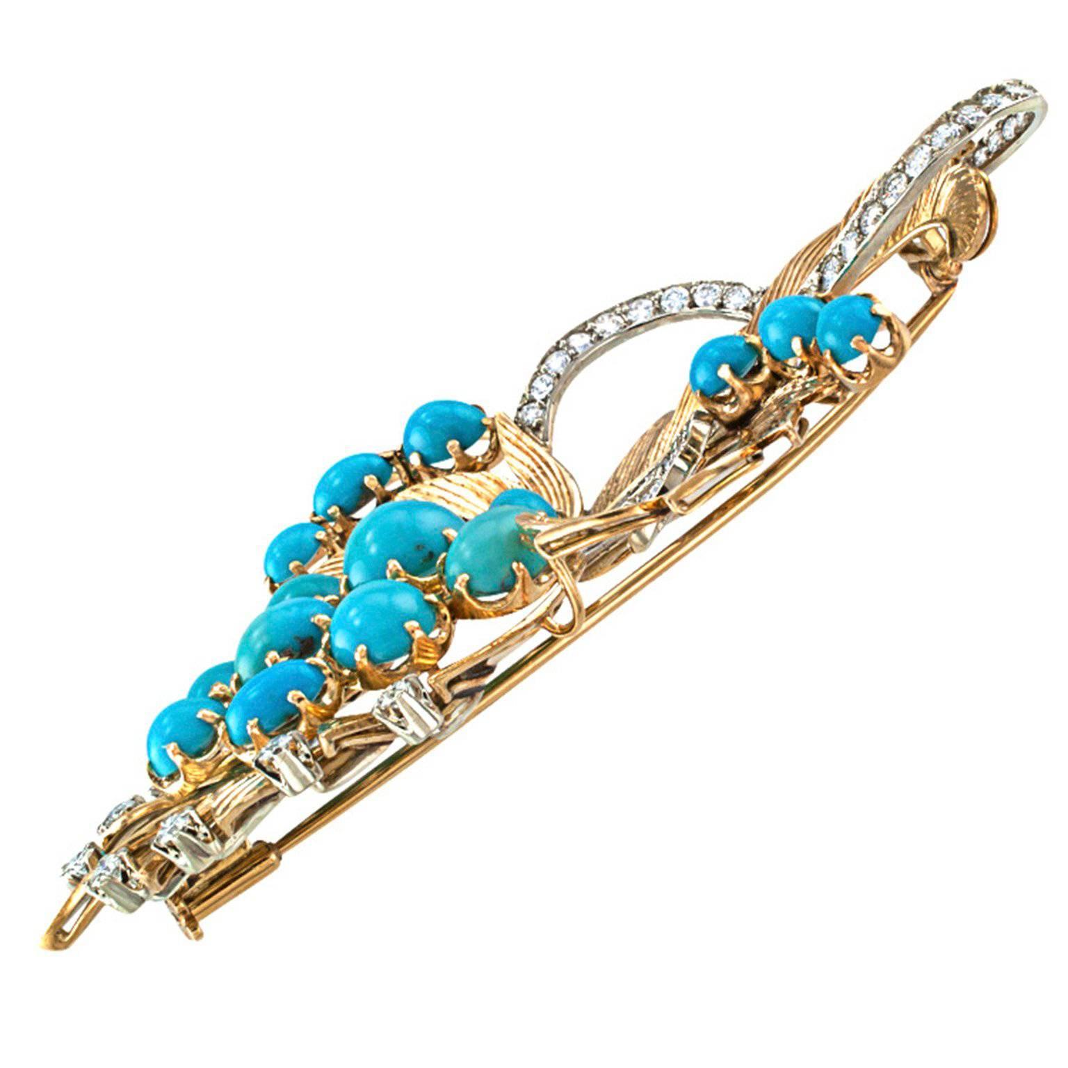 turquoise and gold brooch