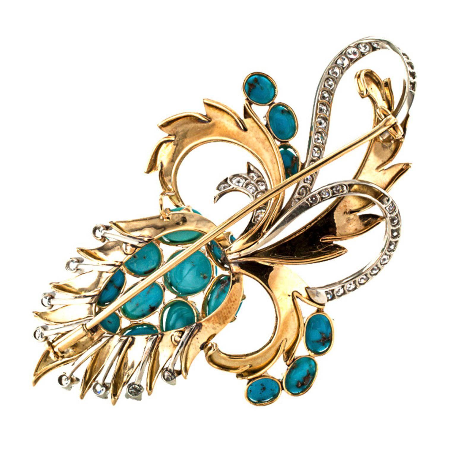 Turquoise and Diamond Abstract Brooch Circa 1960

This is kind of like dreaming in color... movement and grace... the jewelry designer's imagination set free and allowed to crystallize into shapes that are expressive and delightful to the eye...