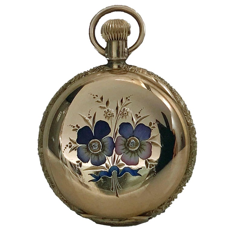 Elgin Ladies Yellow Gold Diamond Enamel Hunter Pocket Watch, circa 1988